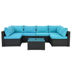 Naga Bahna 7-Piece Outdoor Sectional Sofa Set – Rattan Patio Furniture with Cushioned Wicker Chairs & Glass Table