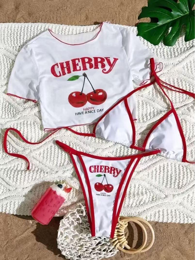 Women's Cherry Print Three-Piece Swimsuit, Cute Triangle Bikini Set with Cover-Up & Adjustable Straps, Stylish Wear for Beach, Pool & Resort women