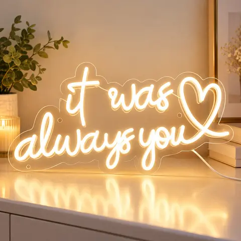 "It Was Always You" Customizable Heart + Text Read LED Neon Sign - Plastic, USB-Powered, Dimmable Contemporary Interior LED Lights, Indoor Home Decoration for Bedroom, Valentine's Day Gift for All Ages