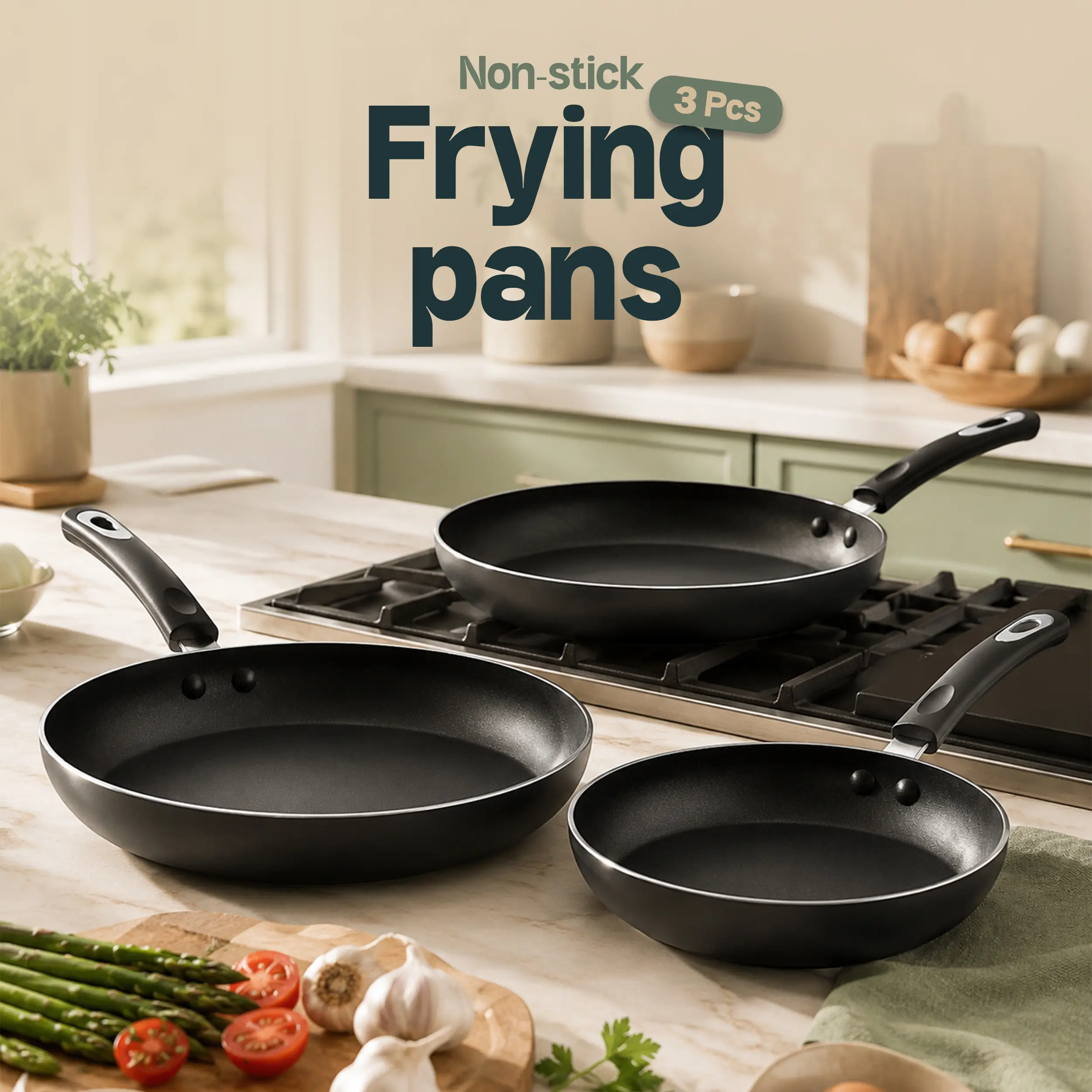 Kichly 3 - Piece Non-Stick Frying Pan Set – Includes 8", 9.5", & 11" Pans with Induction Bottom Durable Nonstick Coating, Handle for Comfort, & Dishwasher Safe! Aluminium Ceramic Cookware Cooking