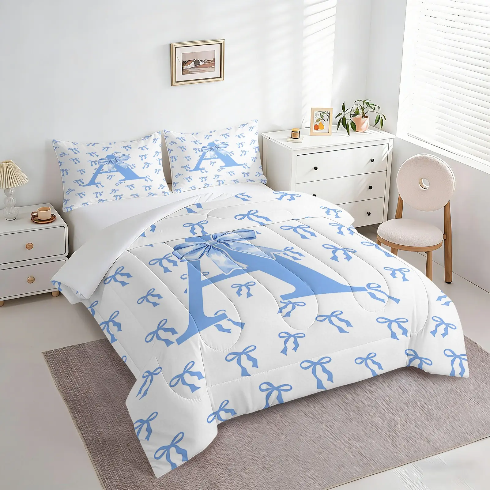 2/3PCS Blue Bow Initial Letter A-Z Comforter Set, Coquette Aesthetic Quilt, Soft Microfiber Bedding Set with Pillowcases, Monogram Bed Set for Girls Bedroom Dorm, Soft Bedding Sets