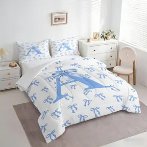 2/3PCS Blue Bow Initial Letter A-Z Comforter Set, Coquette Aesthetic Quilt, Soft Microfiber Bedding Set with Pillowcases, Monogram Bed Set for Girls Bedroom Dorm, Soft Bedding Sets