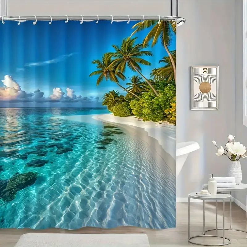 [Back to School] Beach Tropical Paradise Shower Curtain - Durable Polyester Fabric with Hooks, Machine Washable, Vibrant Turquoise Waters & Palm Tree Design for Bathroom, Toilet, Home Decor, Shower Curtain for Bathrooms Tropical, Bathroom Decoration