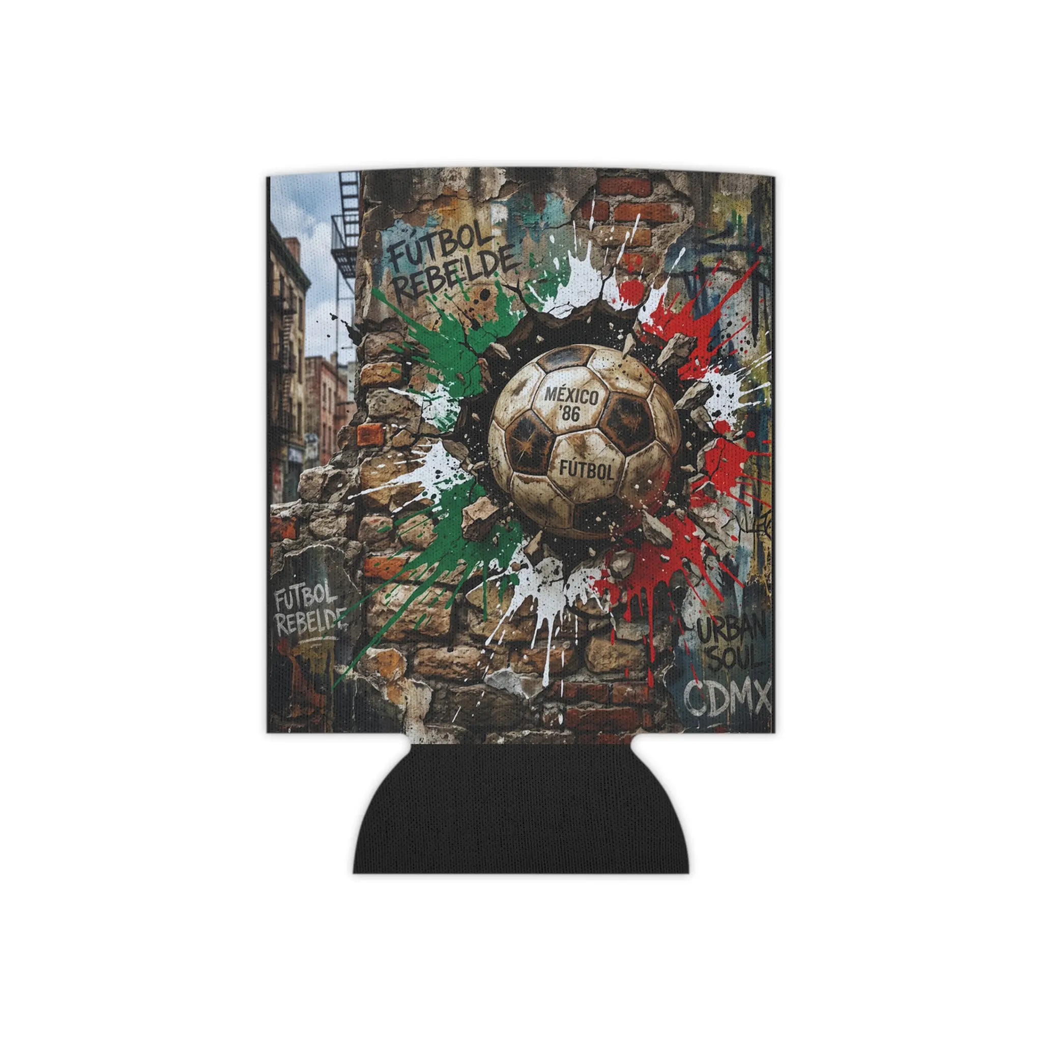 Mexican Soccer Graffiti Can Cooler | Futbol Rebellion Drink Koozie