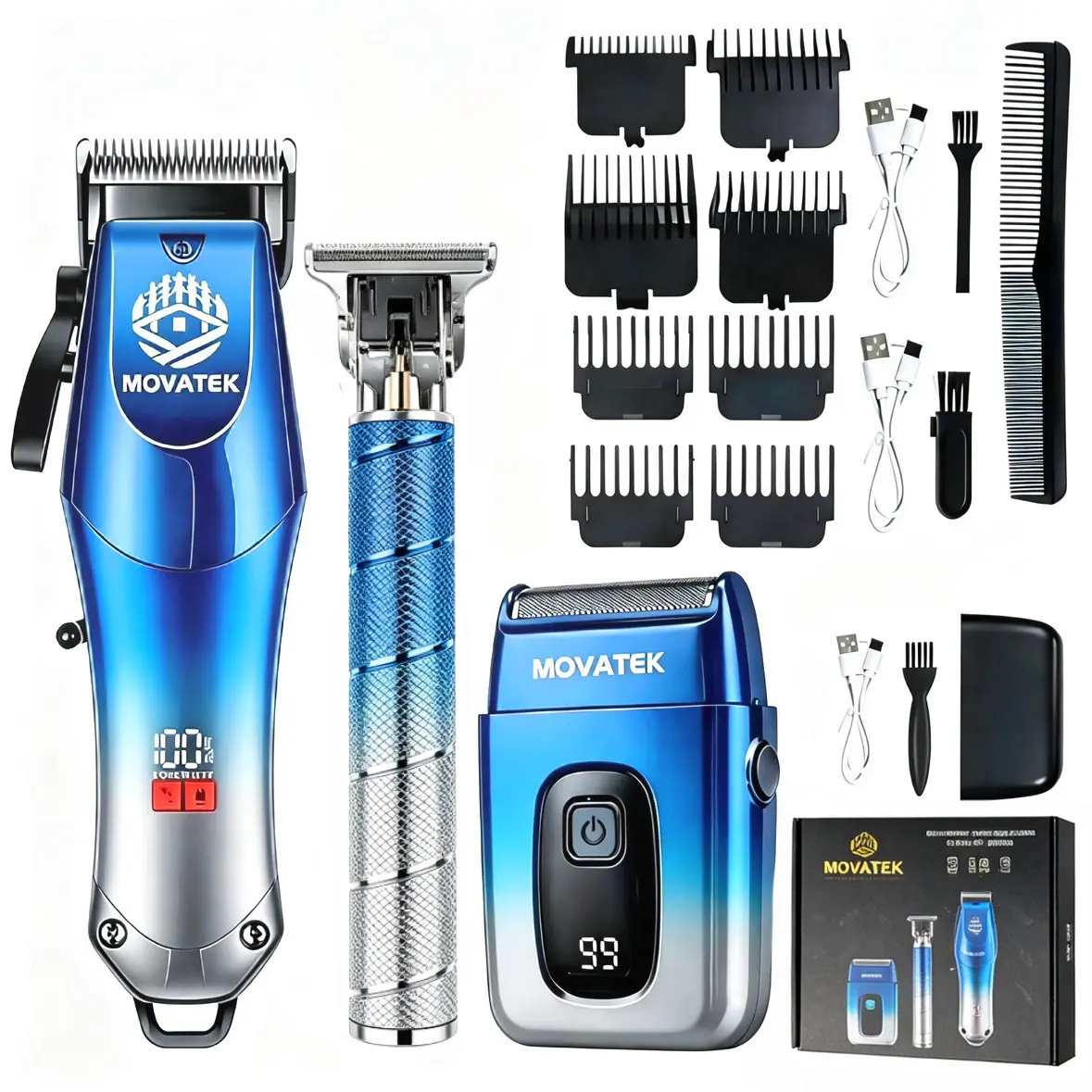 MOVATEK 3pcs Men's Electric Professional Hair Clippers&Trimmer Kit USB Rechargeable, Hair Trimmer with LED Battery Status Adjustable Limit Comb Set With Hair Clipper Electric Shaver, Detail Trimmer, Ideal Valentine Gift ,Holiday Gift For Dad For Boyfriend