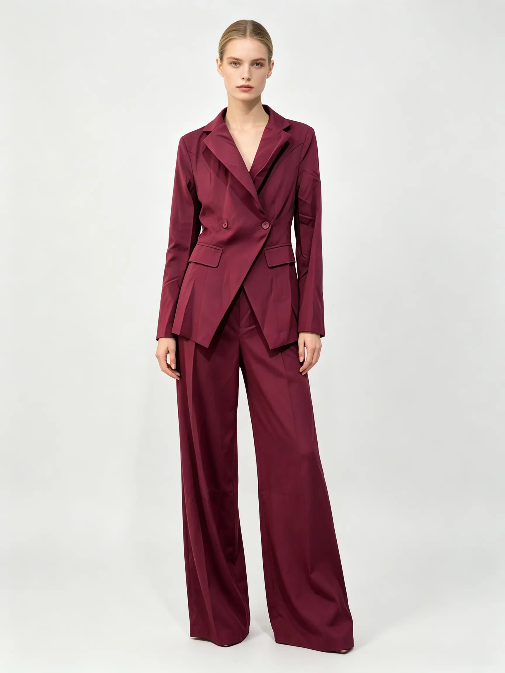 Women's 2-Piece Formal Suit Set - Double-Breasted Waist-Cinching Blazer, Wide-Leg Trousers for Banquet Attire