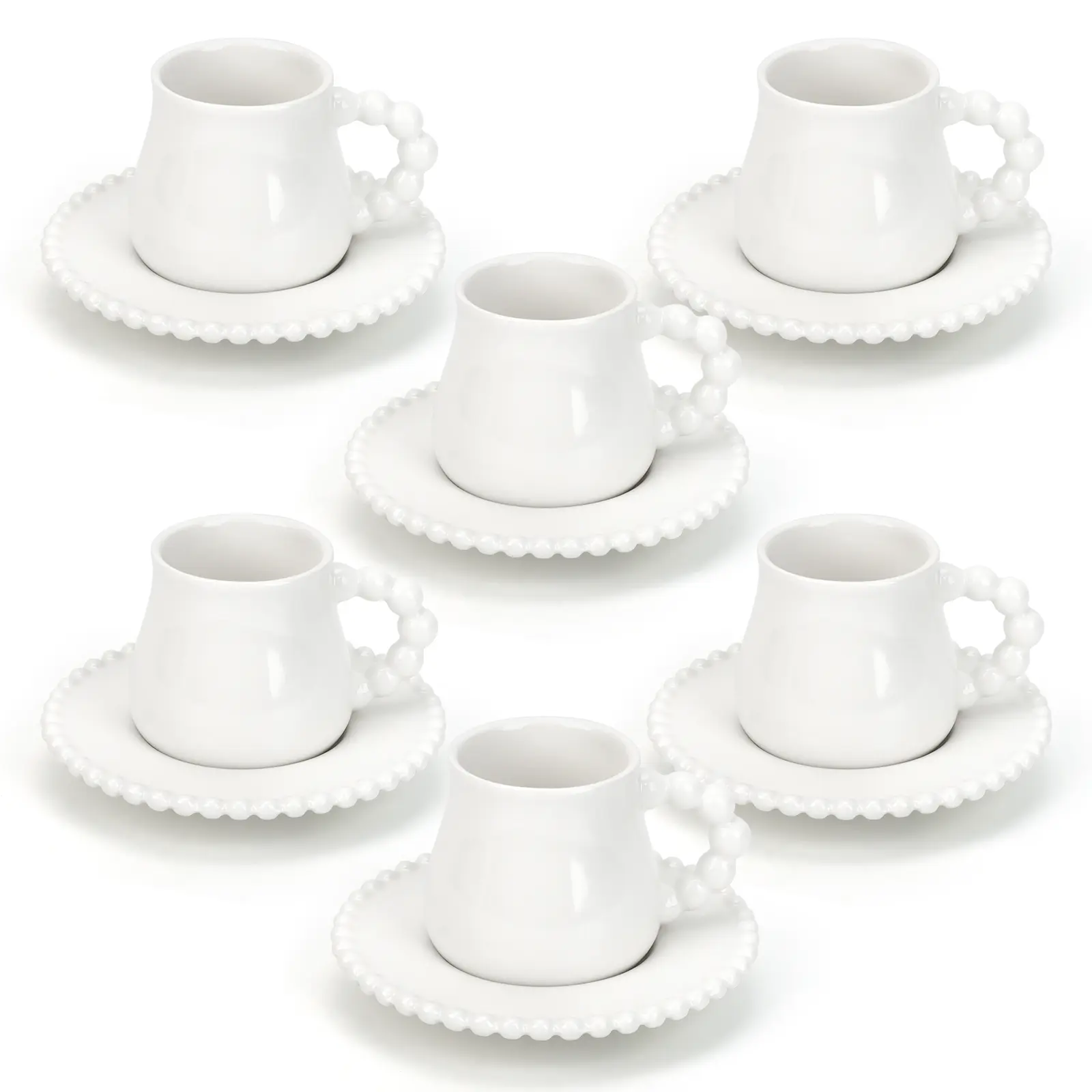 Coffee Cup Set of 6 with Saucers, 3.5 OZ Ceramic Espresso Cups, Elegant Deco Turkish Coffee Cup Gift for Cappuccino, Latte, Cafe Mocha and Tea, Dishwasher & Microwave Safe (Pearl White)