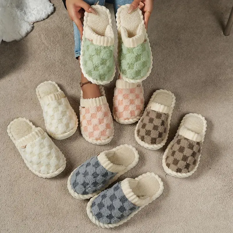Women's Checkered Plush Slippers, Stylish Fuzzy Warm Slides with a Thick Anti-Slip Sole for Indoor House Comfort, Shoe, Fuzzy Warm Slippers, Slip-On, Soft, Design, Casual, Footwear, Cotton Upper, Home Lounging, Indoor Wear, Chic Holiday, Slippers For Wome