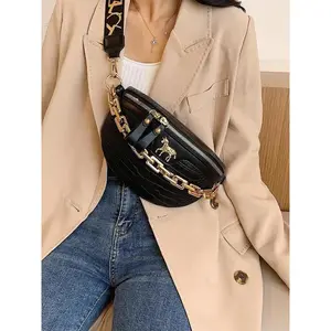 Women's Crocodile Embossed Chain Decor Sling Bag, Fashion Letter Wide Strap Waist Bag with Metal Decor, Trendy All-match Crossbody Bag