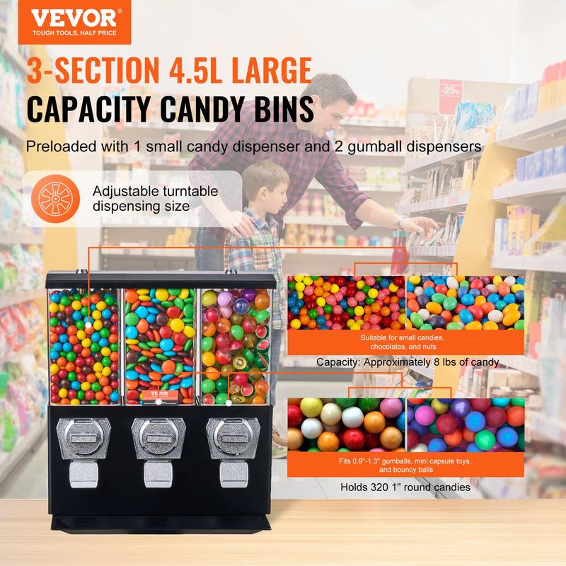 VEVOR Commercial Vending Machine, TikTokShopBlackFriday, Triple Compartment Candy Dispenser with Iron Stand, Gumball and Candy Machine for Business, Coin Operated Gumball Bank for Toy Capsules Bouncy Balls Candy Nut, Red
