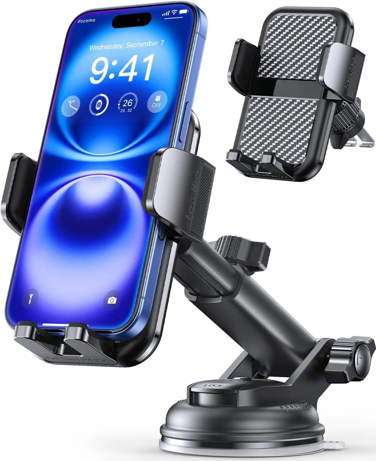 DIBMS 3-in-1 Car Phone Holder, Suction Cup & Air Vent Dashboard Mount | 122+LBS Strongest Suction & Stable Clamp Arm, 360° Adjustable Cell Phone Mount Fits All Smartphones & Car Models