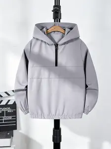 Boys' Spring Summer Basic Hooded Sweatshirt, Half-Zip Design for Easy Wear, Perfect for Daily Commute School Outdoor Activities