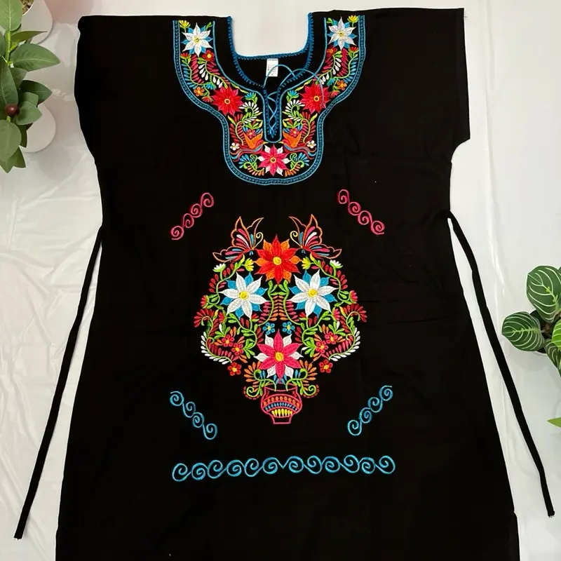 Mexican Maria Dress - Vibrant black with Floral Embroidery & Adjustable Ties for Comfort Casual Summer Wear Women's Elegance Style