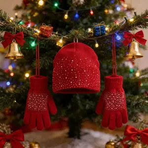 Sparkling Christmas Set 2-Piece Women's Christmas Hat and Glove Set with Rhinestone Decoration Lightweight and Warm Elegant Winter Accessories Black Red White Beige Festive Gift for Fashion Lovers