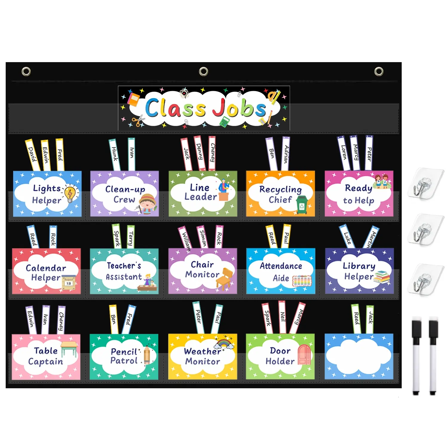 16-Pockets Class Jobs Pocket Chart with 70 Colorful Dry Erase Cards and 3 Hooks,Class Management Educational Pocket Chart Teacher's Helper