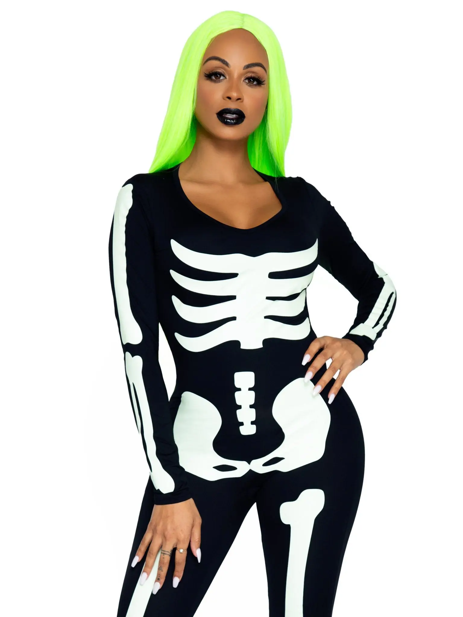 Women's Sexy Glow-in-the-Dark Skeleton Catsuit, Stretchy Spandex Full-Leg Halloween Costume Party Clothes