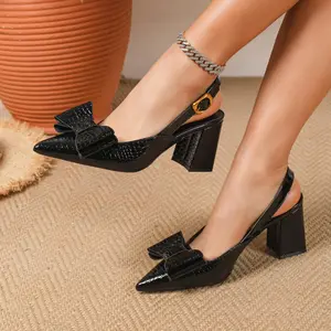Croc Embossed Bow Slingback Block Heels, Black Patent Leather Pointed Toe Pumps, Elegant Wedding Guest & Office Dress Shoes for Women Footwear Summer Sandal Kitchen Tactical