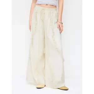 Cider Low Rise Lace Ruffle Drawstring Wide Leg Trousers