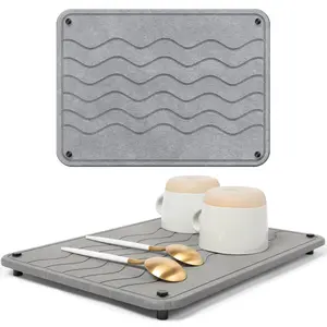Stone Drying Mat for Kitchen Counter - 15.7" x 11.8" Quick Drying Dish Mat - Ultra Absorbent Diatomaceous Earth Dish Drying Mat - Quick Dry Stone for Kitchen Sink, Dish Drying Stone Mat - Gray Waves