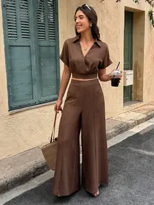 Summer New 2-Piece Vacation Casual Commute Solid Color Fitted Button Front Shirt and Pants Set, Women's Fashion
