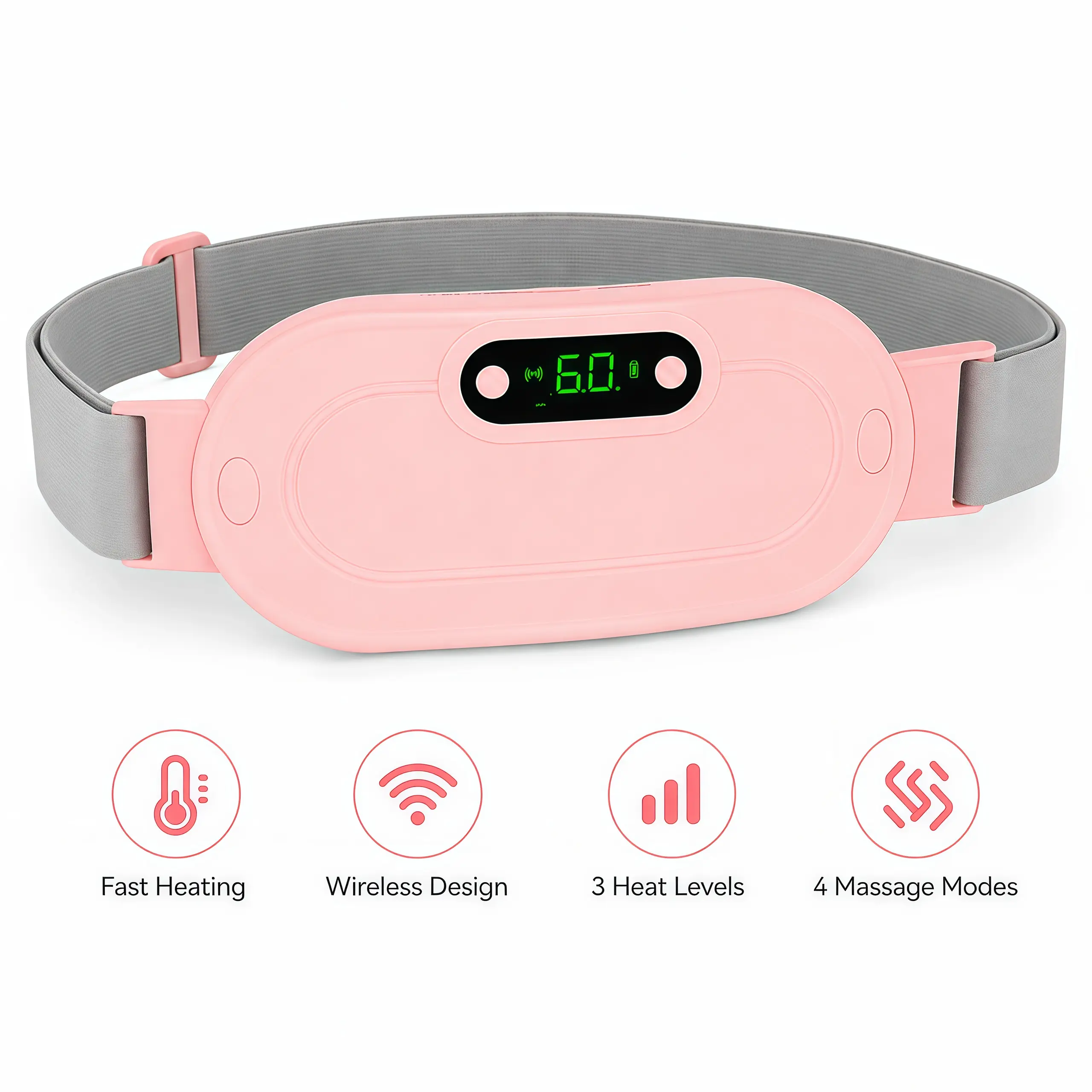 Portable Cordless Heating Pad for Period Cramps & Back Pain Relief, Fast Heating Electric Menstrual Belly Wrap with 3 Heat Levels, 4 Massage Modes, Rechargeable Heating Pad for Women