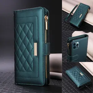 Fashion Quilted Pattern Phone Case with Card Slot, Multi-functional Zipper Phone Case with Shoulder Strap, Phone Accessories for iPhone 16 Pro 15 Plus 14 Plus 13 12, Cover, Phone Pouch, Durable Cover