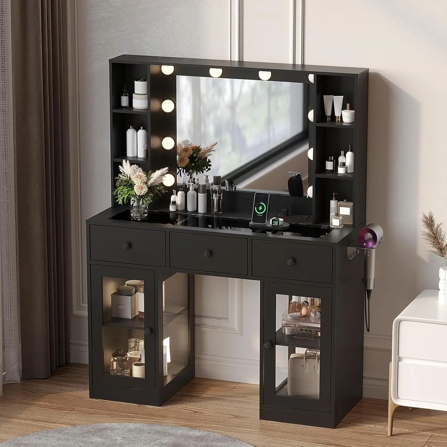 VINGLI Vanity Desk with Mirror and Lights, Glass Top Makeup Vanity Table w/Glass Lighting Cabinets & Power Outlets & Hairdryer Holder, 54in Dressing Table, Gifts for Girls