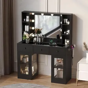 VINGLI Vanity Desk with Mirror and Lights, Glass Top Makeup Vanity Table w/Glass Lighting Cabinets & Power Outlets & Hairdryer Holder, 54in Dressing Table, Gifts for Girls