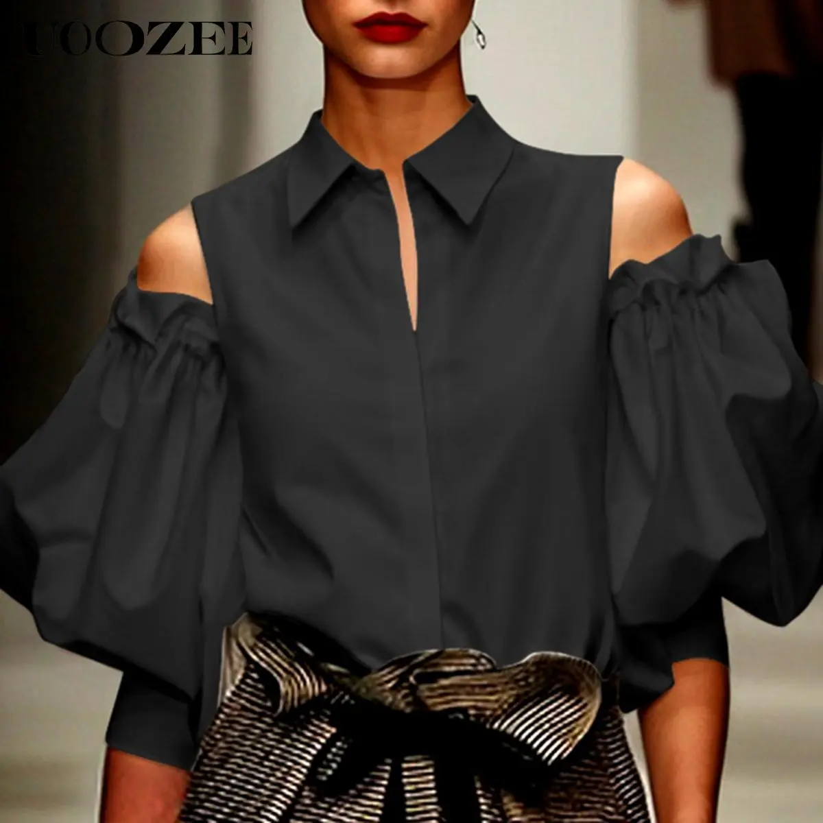 UOOZEE Women's Cold Shoulder Minimalist Tuxedo Blouse, Long Sleeve Sheer Cotton Top for Office, Going Out, and Dress Casual Layering Outfits, Valentines Day, Ootd Ideas, Office Ootd