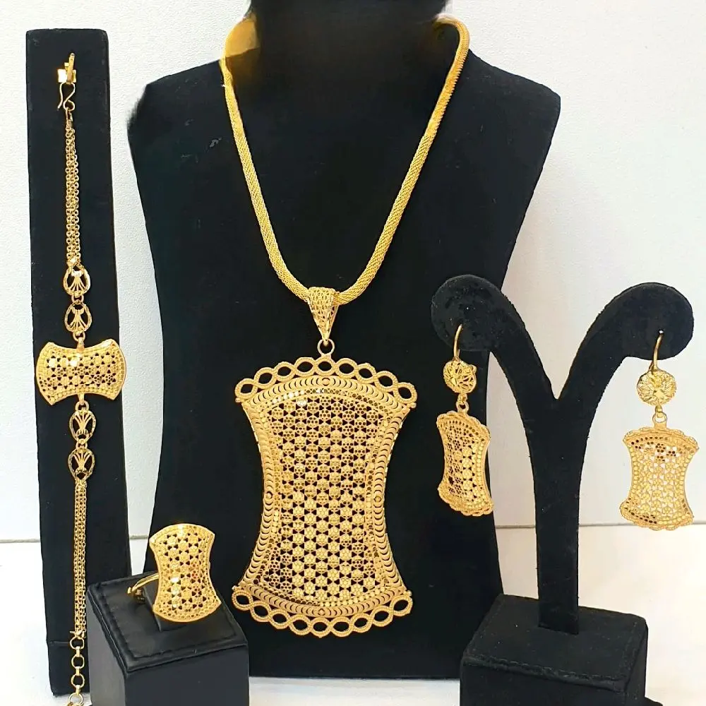 Women's Gold Plated Jewelry Set - Chain Sets with Pendant, Necklace, Earrings, Bracelet & Ring for Fashion Accessory Collection