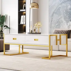 Modern Rectangular Coffee Table with 4 Drawers – White & Gold Base Design for Living Room, Apartment or Office – 47.3 inches