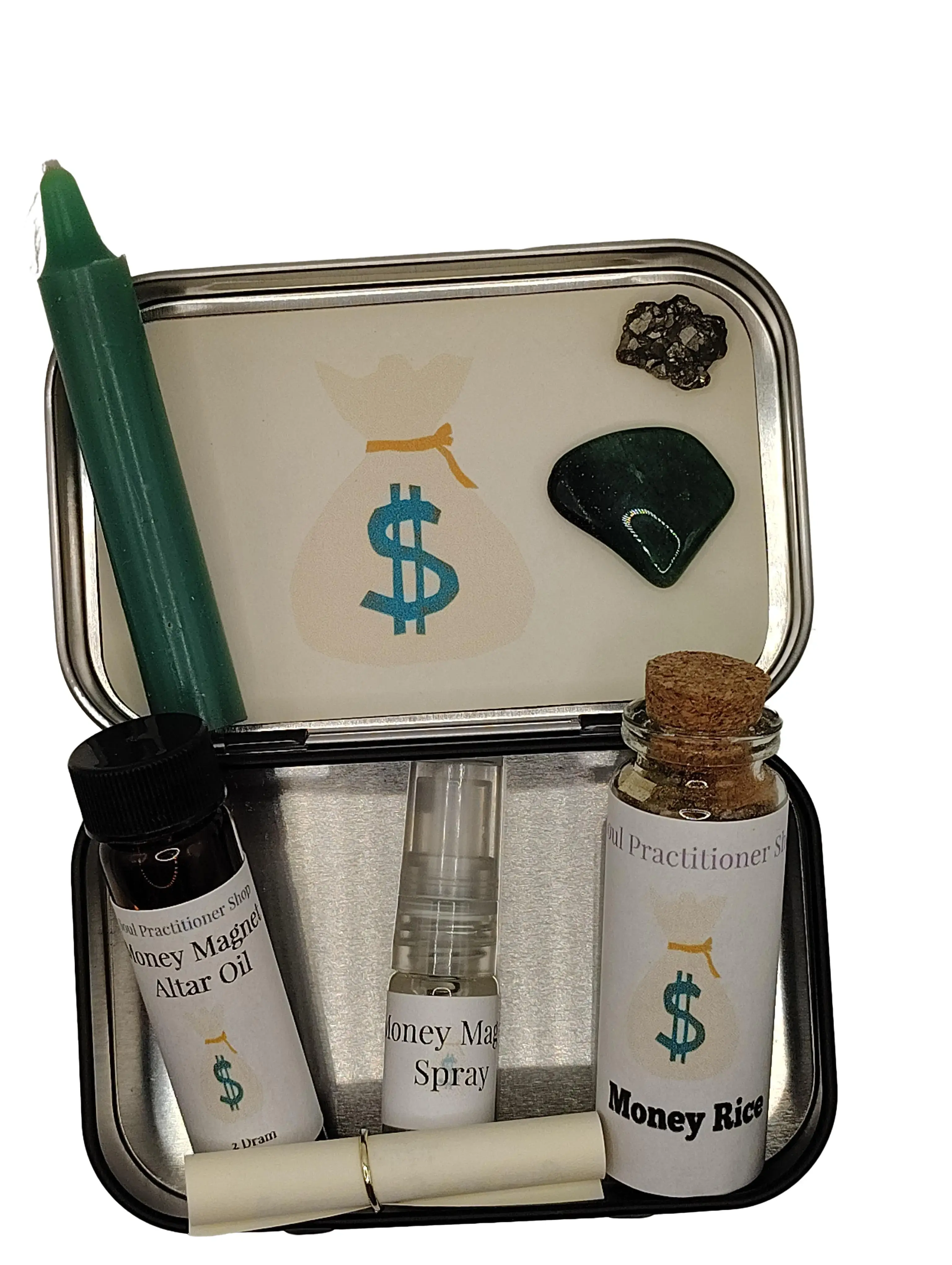 Money Magnet Mini Altar Kit - Attract Wealth, Success & Abundance  with Green Candle,Money Mix Prosperity Scroll & Mini Money Magnet Spray