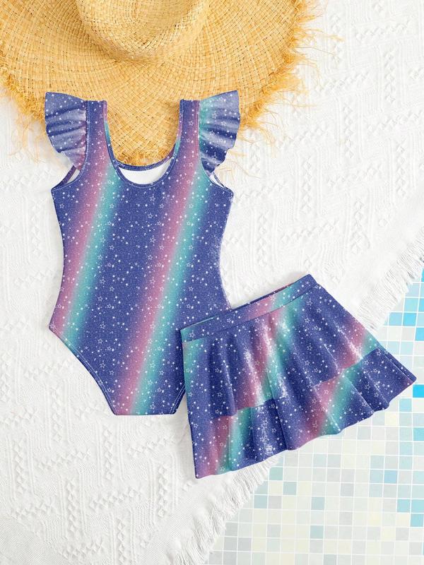 K-Pop Hunter Swimwear, Kpop Demon Hunters Beach Sweetheart Exclusive Swimsuit, Starry Gradient & Girl Group Print, Ruffle Trim Swimsuit, Fashionable Halter Two-Piece Bikini