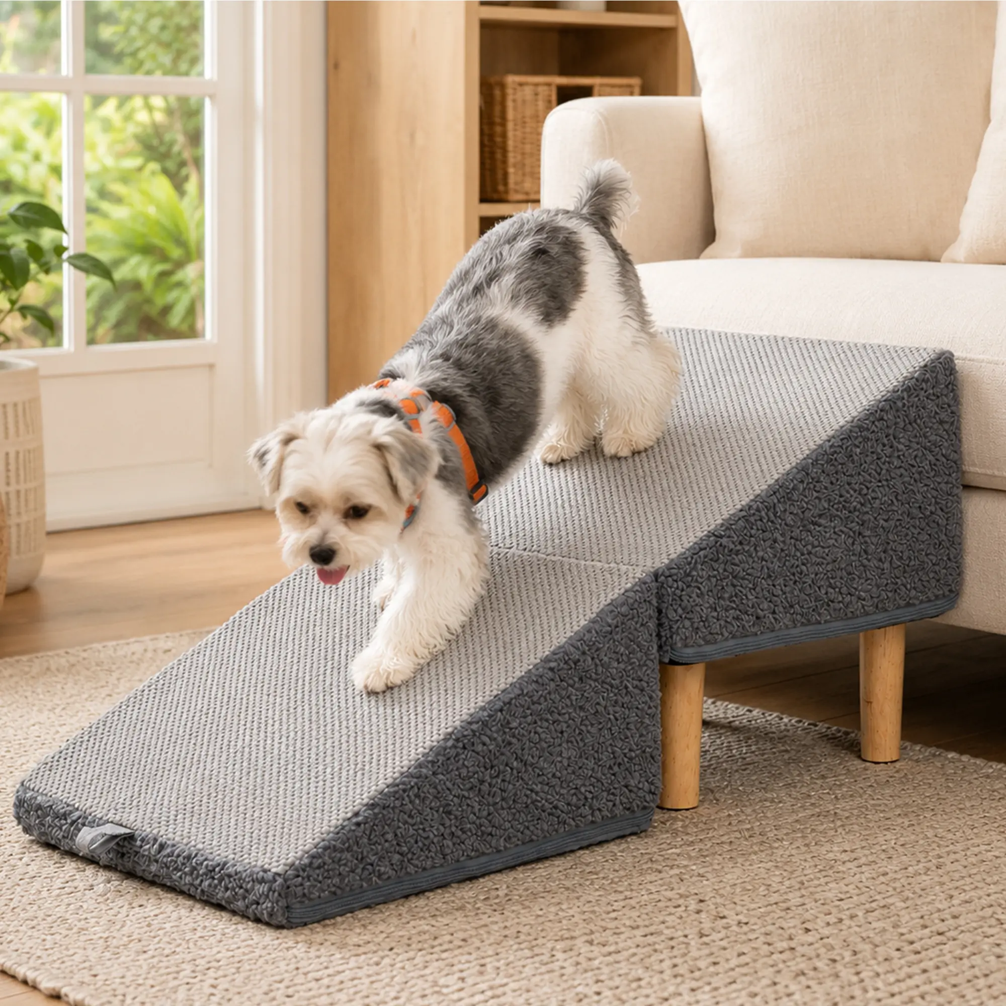 2-in-1 Dog Stairs, Pet Steps & Ottoman - Foldable Dog Stairs for Couch, Non-Slip Wooden Pet Stairs for Puppy Senior Injured Dogs