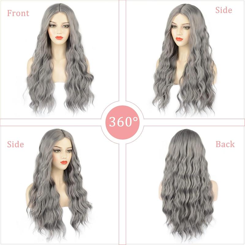 Grey Wig Long Silver Wavy Wigs for Women Middle Part Gray 26 inch Natural Curly Synthetic Wig Heat Resistant Fiber Wigs for Daily Party Use