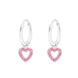 Hanging Heart 925 Silver Hoop Earrings with Rose Crystals