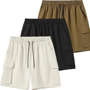 Men’s Multi-Pack Drawstring Shorts - Plain, Cream White + Black + Coffee, Casual Elastic-Waist Beach Bottoms with Multiple Pockets, Breathable Everyday Summer Menswear Bottoms