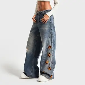 Wide Leg Jeans for Women Fashionable Casual Denim Floral Embroidered Loose Fit Mid Waist Pants with Pockets
