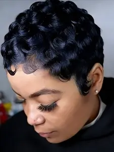 Pixie Cut Wigs for Women Color Wig for Daily Use Short Layered Pixie Cut Human Hair Wigs With Bangs Curly Wave Human Hair Full Machine Made Wig 180% Density 6Inch