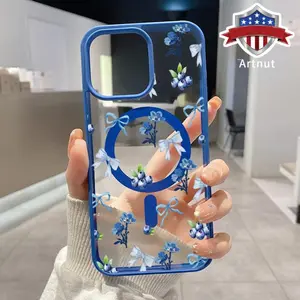 Blue Flowers and Blueberries Pattern Magnetic Phone Case Supports Wireless Charging for iPhone 16 15 14 Pro Max 13 12 11 XR XS Plus Shockproof Non Slip Protection Silicone Transparent Acrylic Cover Cellphone Protective