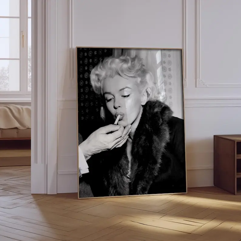 Marilyn Monroe Smoking Wall Art, Iconic Glamour Poster, Black and White Art