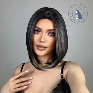 INSTYLE  14 Inch Black and Brown Bob Wigs Synthetic Shoulder Length Middle Part Highlight Wig for Women Daliy Party Cosplay Use for Women