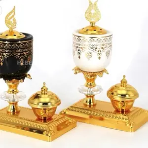 Metal Plating Ceramic Censer with Aromatherapy Container Plate Base Arabic Incense Burner for Home Decor Gold Accents