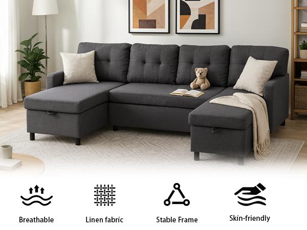 Sleeper Sofa Couch, Oversized Pull Out Couch Bed with Storage Chaise, Sectional Sleeper Sofa Bed for Living Room