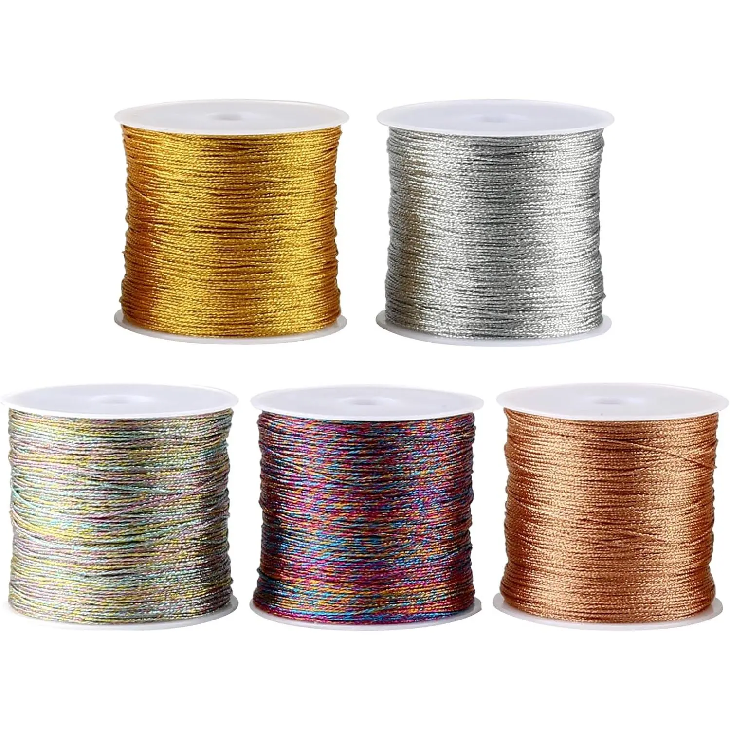 5 Rolls Metallic Cord, Metallic Cord for Crafts, 250 m Gold Thread Silver Thread Silk Threads for DIY Crafts Bracelet Jewellery Necklace Making, 0.4 mm x 50 m Roll (5 Colours)