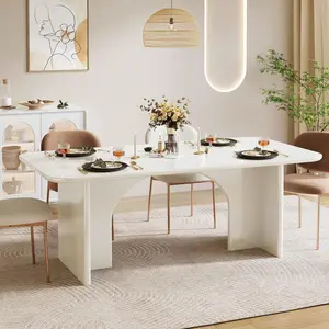 Modern Dining Table For 4-6 People, 63" Large Rectangle Kitchen Table With Arch Design Legs, Cream White Dinner Table Kitchen & Dining Room Decor Home Furniture, White