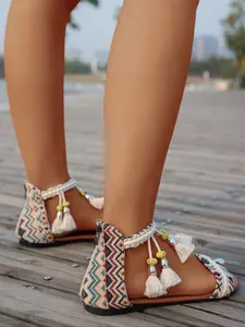 Bohemian Style Sandals, Women Vacation Ethnic Weave, Colorful Geometric Straps, Beaded Fringe, Flat Comfort Rubber, Summer Beach Travel, Music Festivals, Casual Beach Shoes
