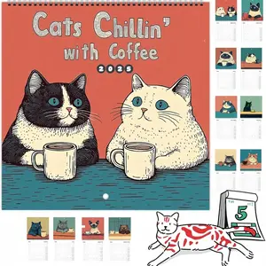 6 Cat Calendar, 12-Month Cat-Themed Wall Calendar, Perfect Gift for Cat Lovers, Coffee Cat Design, Ideal for Home Decor & Office Use, Hanging Calendar Format