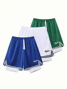 3PCS Men's Mesh 2in1 Shorts, Three-Piece Set, Sports Basketball Shorts, Running, Fitness, Cycling, Hiking, Swimming, Quick-Dry, Breathable Stretch Shorts