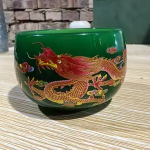 Glow-in-the-Dark Green Glaze Teacup with Dragon & Phoenix Designs